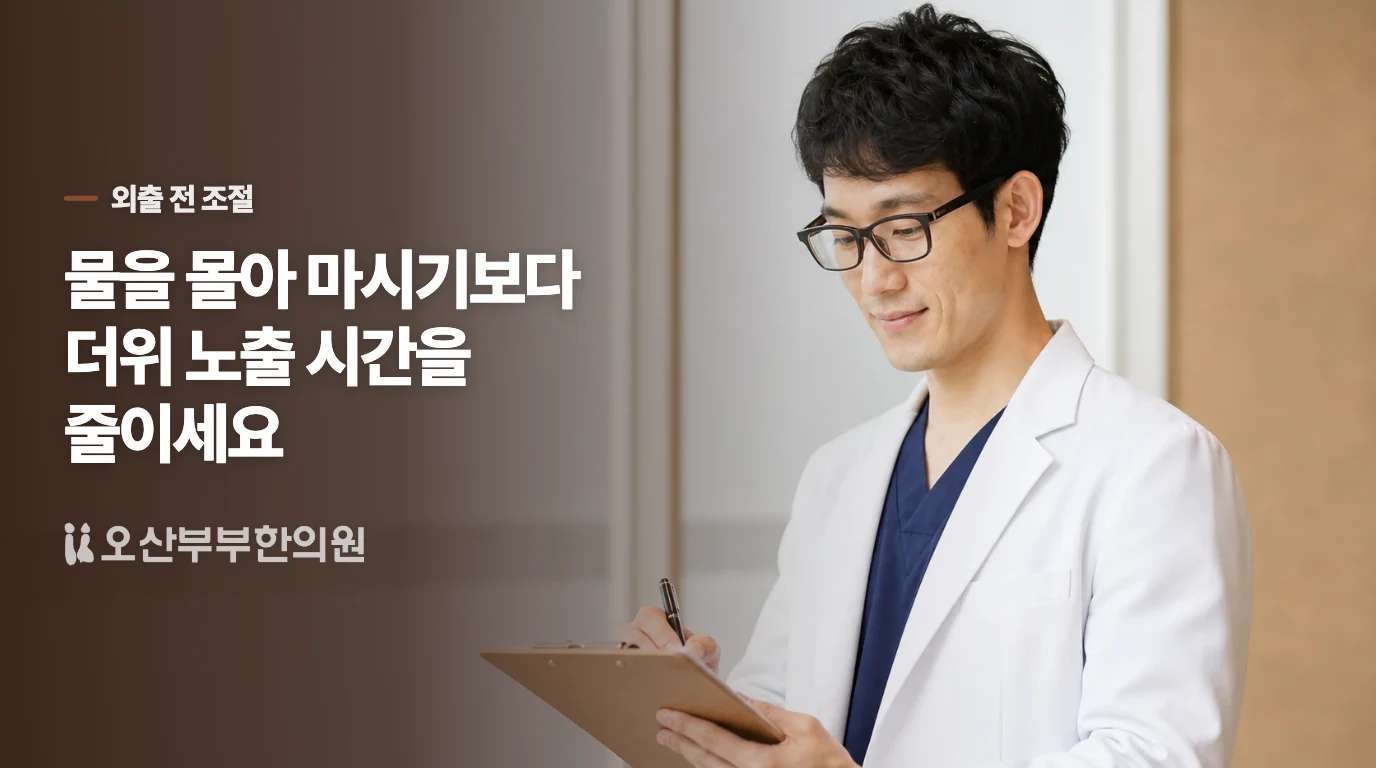 외출 전에는 수분과 더위 노출 시간을 함께 조절하세요
